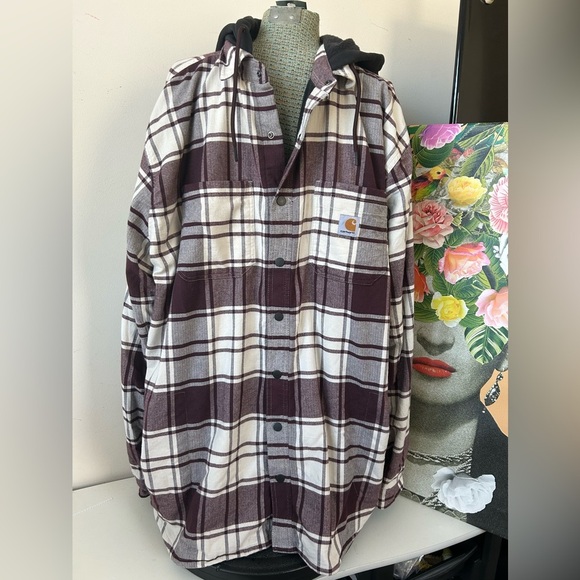 NWT CARHARTT MENS FLANNEL FLEECE LINED HOODED SHIRT JACKET. 3XL TALL. - Picture 3 of 9